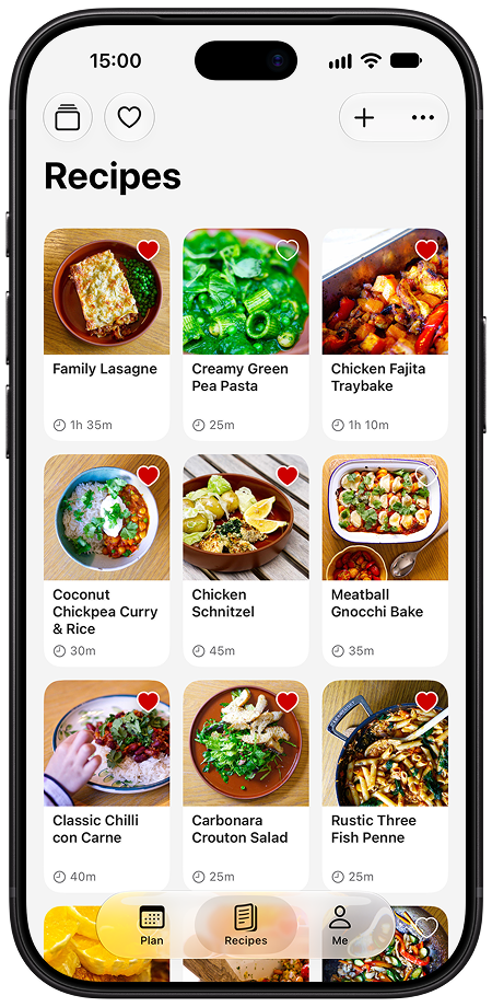 Saved family meals in TeaTonight, ready to add to the weekly plan