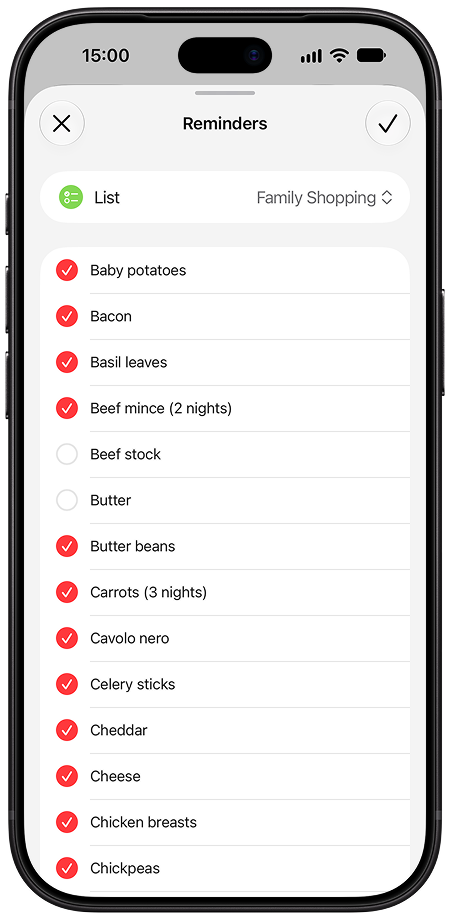 A weekly shopping list in Apple Reminders with ingredients from TeaTonight