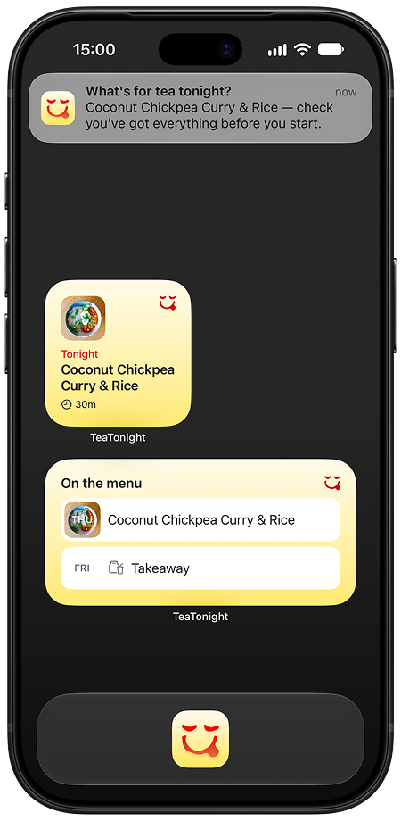 TeaTonight home-screen widget showing tonight’s dinner, alongside a reminder notification to check ingredients before cooking