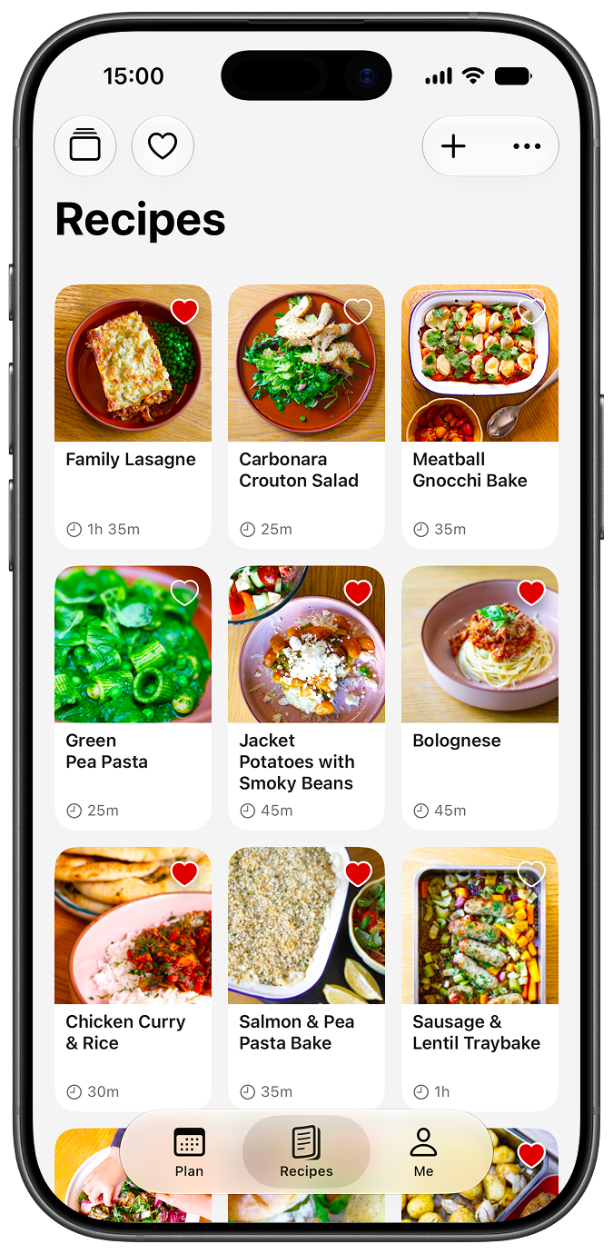 TeaTonight: Dinner Planner Saved family meals in TeaTonight, ready to add to the weekly plan